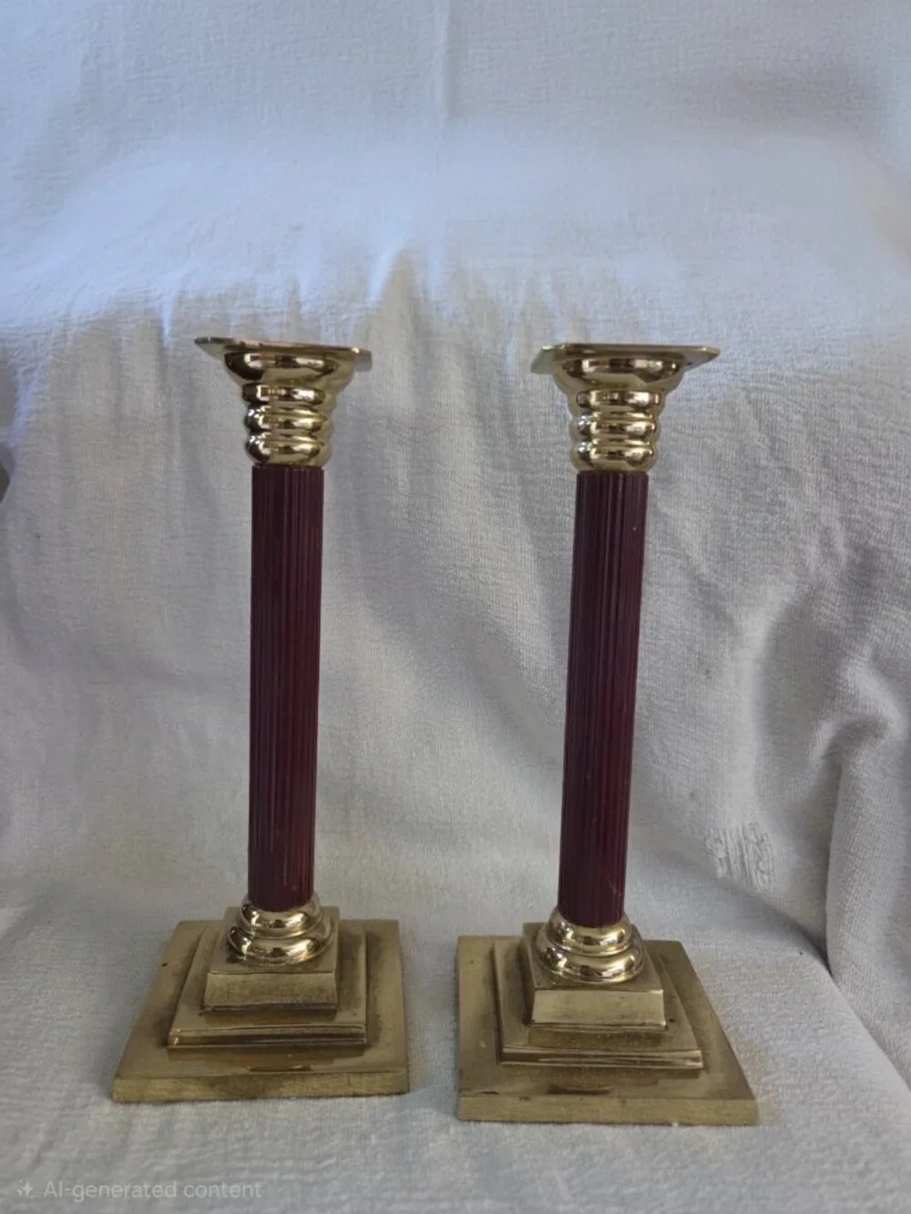 Vintage Brass Burgundy Column Candlestick Holders Pair Neoclassical Regency 7.5